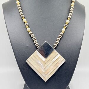 Karla Jordan Silver Tone Mosaic Mother Of Pearl Geometric Design Necklace READ